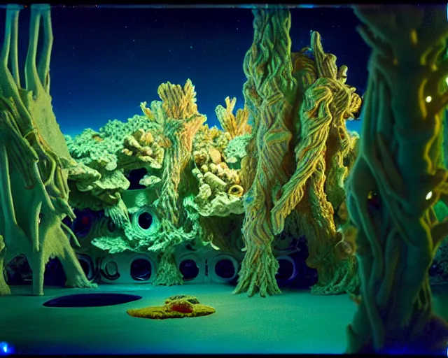 Image similar to low angle shot of a space port at night, aquatic plants, coral, shabby chic, cinematography by Jim Jarmusch, composition by Neo Rauch, in the style of Nan Goldin, set design by Antonin Gaudí, 35mm, graflex, color film photography