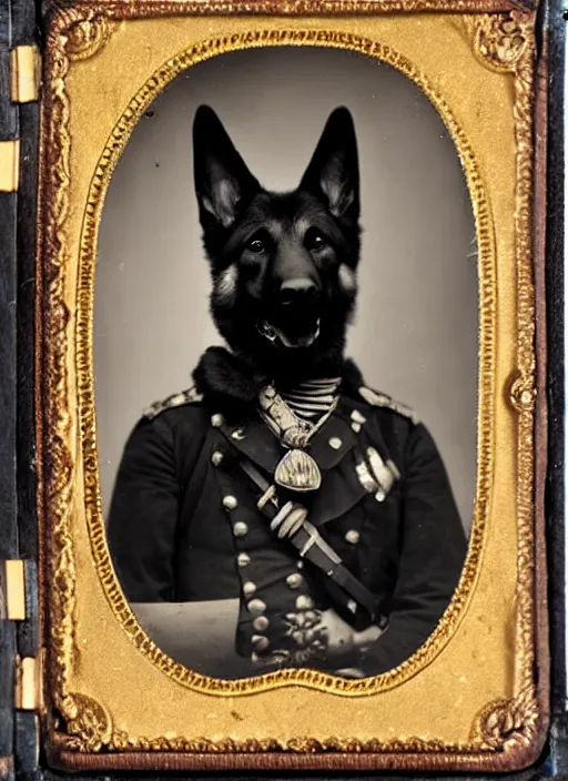 Prompt: professional studio photo portrait of anthro anthropomorphic german shepard head animal person fursona smug smiling wearing elaborate military general uniform clothes degraded medium by Louis Daguerre daguerreotype tintype