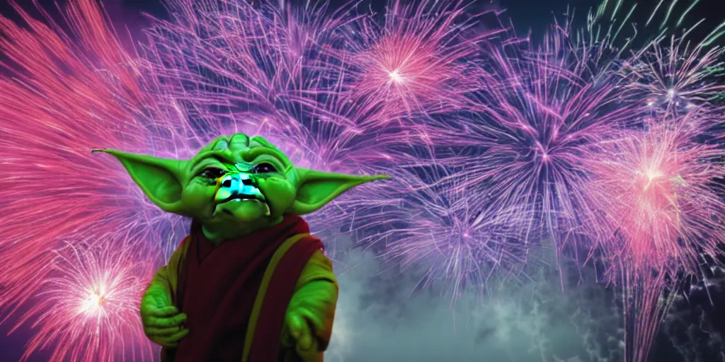 Prompt: muted rgb fireworks bursting in the sky form shapes the resemble ( ( ( baby yoda ) ) ). 8 k, 4 k, hq, 3 d render, digital art, dramatic lighting, comedy, science fiction, hyper realistic, ultra detailed.
