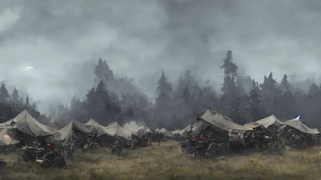 Prompt: panorama view of tents military tents with one mech walker in background, watercolored, jakub rozalski, dark colours, dieselpunk, artstation