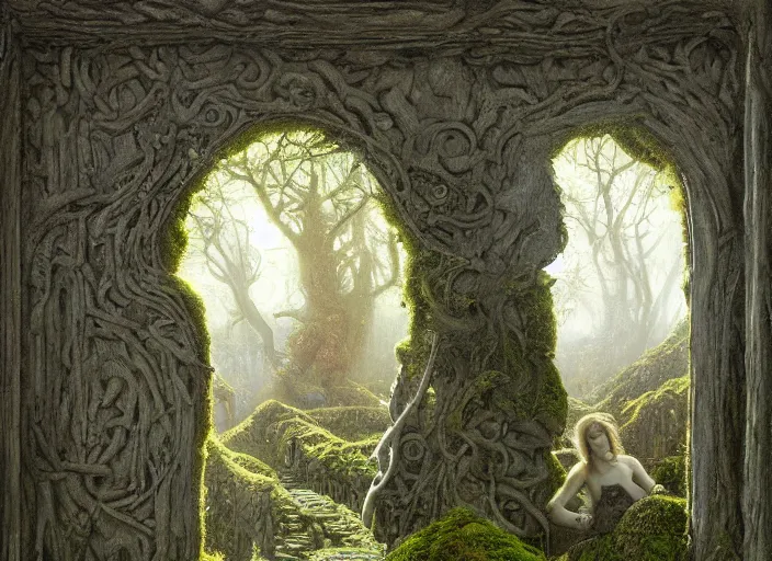 Prompt: jim henson's labyrinth. two doors. a carved stone overgrown with moss. an old door made of wood and rusty metal. by edgar maxence and caravaggio and michael whelan and delacroix style, artistic, intricate painting, cinematic lighting, hyper realistic, extremely detailed, 8 k resolution, establishing shot, dramatic lighting