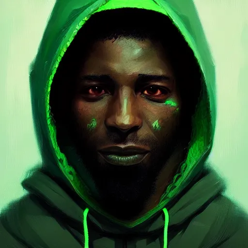 Image similar to portrait of a black man programmer with green hood by greg rutkowski, digital