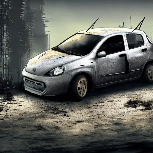 Image similar to a 2010 grey Nissan Micra in a post-apocalyptic environment, trending on ArtStation