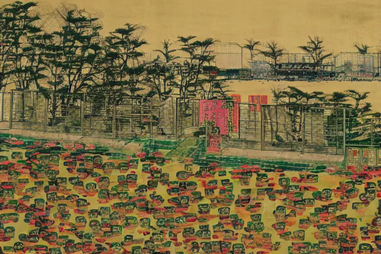 Image similar to a chinese prison near a river by peter doig, overlaid with chinese adverts