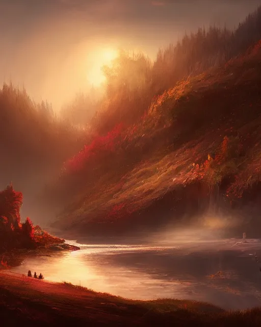 Prompt: the fall of summer, landscape, dreamy, cinematic lighting, highly detailed, digital painting, trending on artstation, pixiv, concept art, sharp focus, illustration