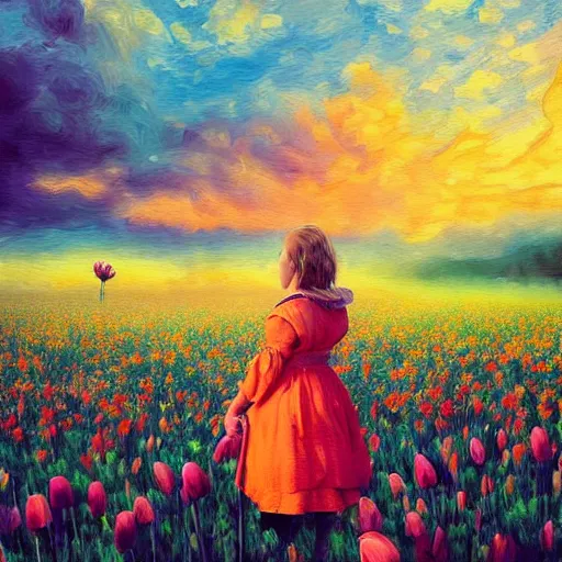 Image similar to dutch girl with singular giant tulip as a head, surreal photography, flower field, sunset dramatic light, impressionist painting, colorful clouds, blue sky, digital painting, artstation, simon stalenhag