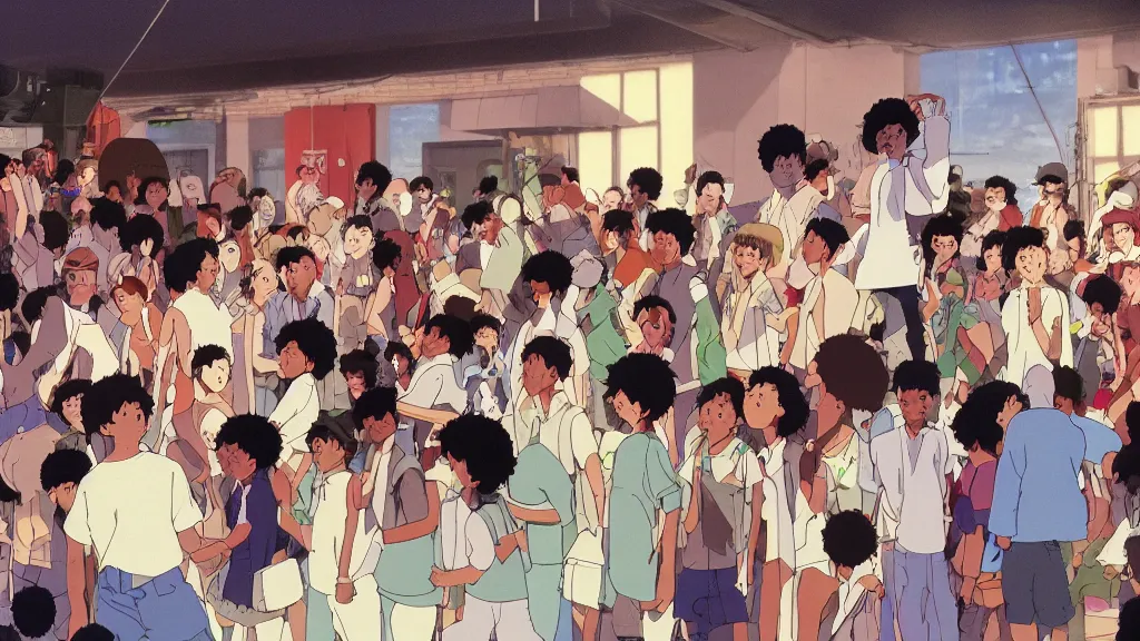 Prompt: a movie still from a studio ghibli film showing a hip hop party in the bronx, new york. by studio ghibli