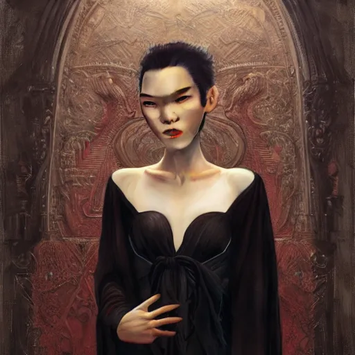 Image similar to detailed cinematic wide shot of beautiful attractive tao okamoto asian vampire woman wearing black bath robe slim face symettrical face clean skin black eyes black robe smooth, sharp focus, ultra realistic, spring light, painting by gaston bussiere, craig mullins, j. c. leyendecker