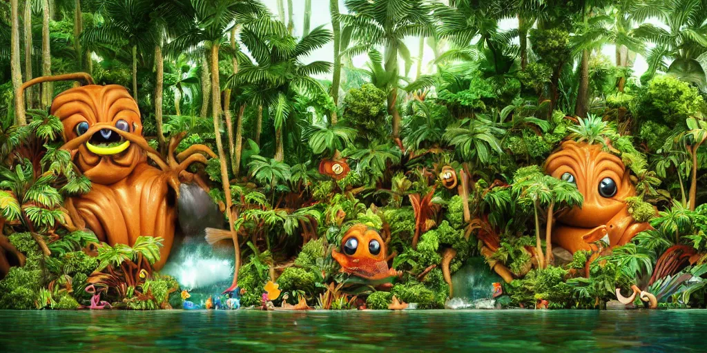 Image similar to of a tropical rainforest lake with strange cute friendly happy creatures with huge eyes, mouth, long tongue, round teeth and goofy face, appearing from the water, in the style of gehry and gaudi, macro lens, shallow depth of field, ultra detailed, digital painting, trending artstation, concept art, illustration, cinematic lighting, photorealism, epic, octane render