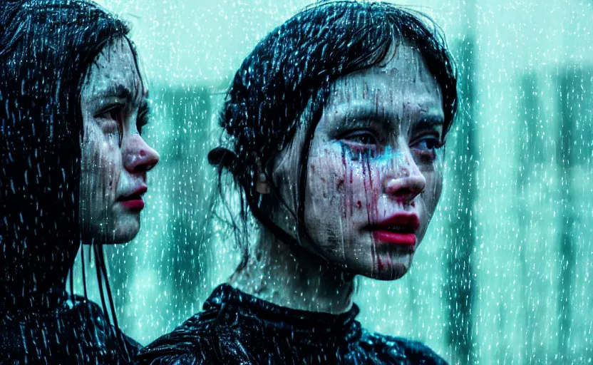 Prompt: cinestill 5 0 d candid photographic portrait by stanley kubrick of two loving female androids sobbing wearing rugged black mesh techwear in treacherous city waters, medium closeup, retrofuturism cyberpunk moody emotional cinematic, pouring iridescent rain bright spotlight, 8 k, hd, high resolution, 3 5 mm, f / 3 2, ultra realistic faces, ex machina