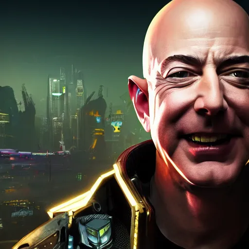 Image similar to front view, vicious, crazy laughing portrait of Jeff Bezos as a cyberpunk 2077 loading screen, symmetry, ominous, intricate, studio, art by anthony macbain + greg rutkowski + alphonse mucha, concept art, 4k, sharp focus