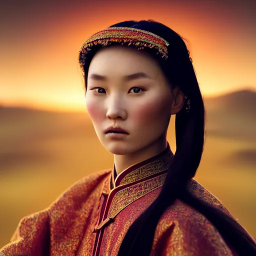 Image similar to photographic portrait of a stunningly beautiful renaissance mongol female in traditional dress in soft dreamy light at sunset, contemporary fashion shoot, by edward robert hughes, annie leibovitz and steve mccurry, david lazar, jimmy nelsson, breathtaking, 8 k resolution, extremely detailed, beautiful, establishing shot, artistic, hyperrealistic, beautiful face, octane render