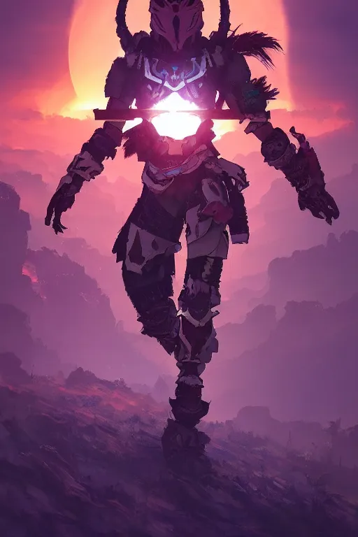 Image similar to combination suit armor aloy horizon forbidden west horizon zero dawn radiating a glowing aura global illumination ray tracing hdr fanart arstation by ian pesty and alena aenami artworks in 4 k tribal robot ninja mask helmet backpack