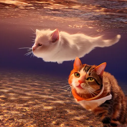 Image similar to a cat and a fish swimming together under water, photorealistic, very detailed, beautiful lighting, 4k