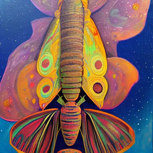 Image similar to galactic moth, acrylic painting, evocative surrealist art, trending on artstation