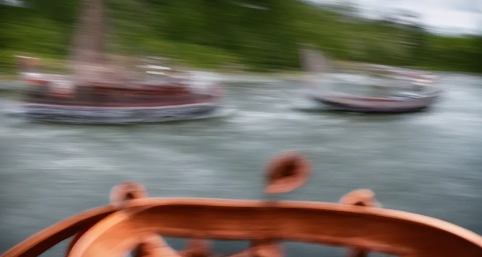 Image similar to fast viking ship sailing down a river, f / 2. 8, motion blur