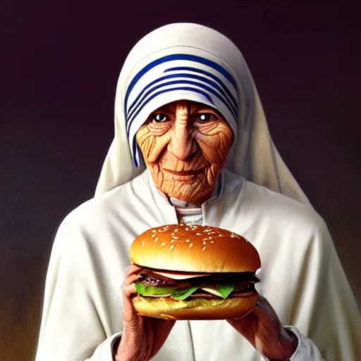 Image similar to portrait of mother teresa eating hamburgers, extra onions and ketchup, luscious patty with sesame seeds, feminine ethereal, handsome, d & d, fantasy, intricate, elegant, highly detailed, digital painting, artstation, concept art, matte, sharp focus, illustration, art by artgerm and greg rutkowski and alphonse mucha