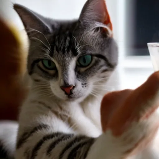 Image similar to cat first person perspective of drinking milk. through the eyes of a cat. research