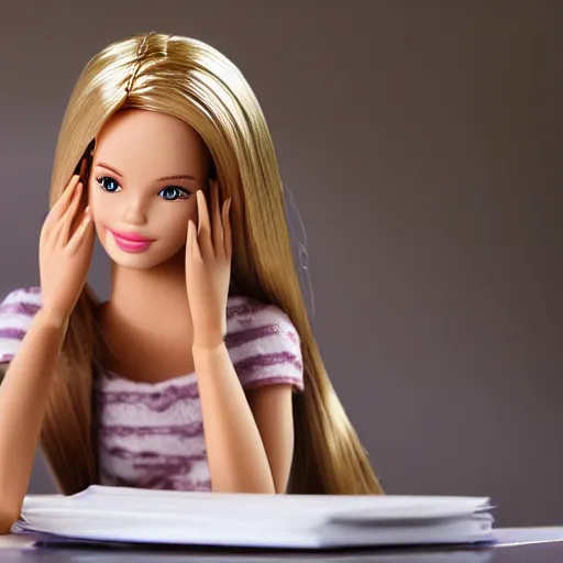 Image similar to a barbie doll with an exhausted!!!! expression sits at a desk in her home. the desk is overflowing with several large stacks of paper. her head is resting on her hand, photorealistic,
