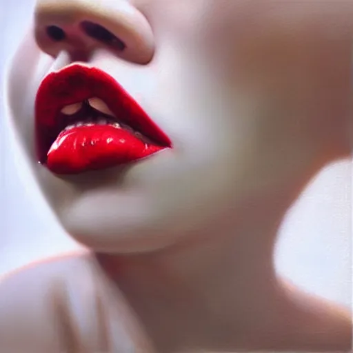 Image similar to “ hyperrealistic portrait of a beautiful woman, pale skin, red lips, tongue licking lips, drenched in honey by mike dargas ”