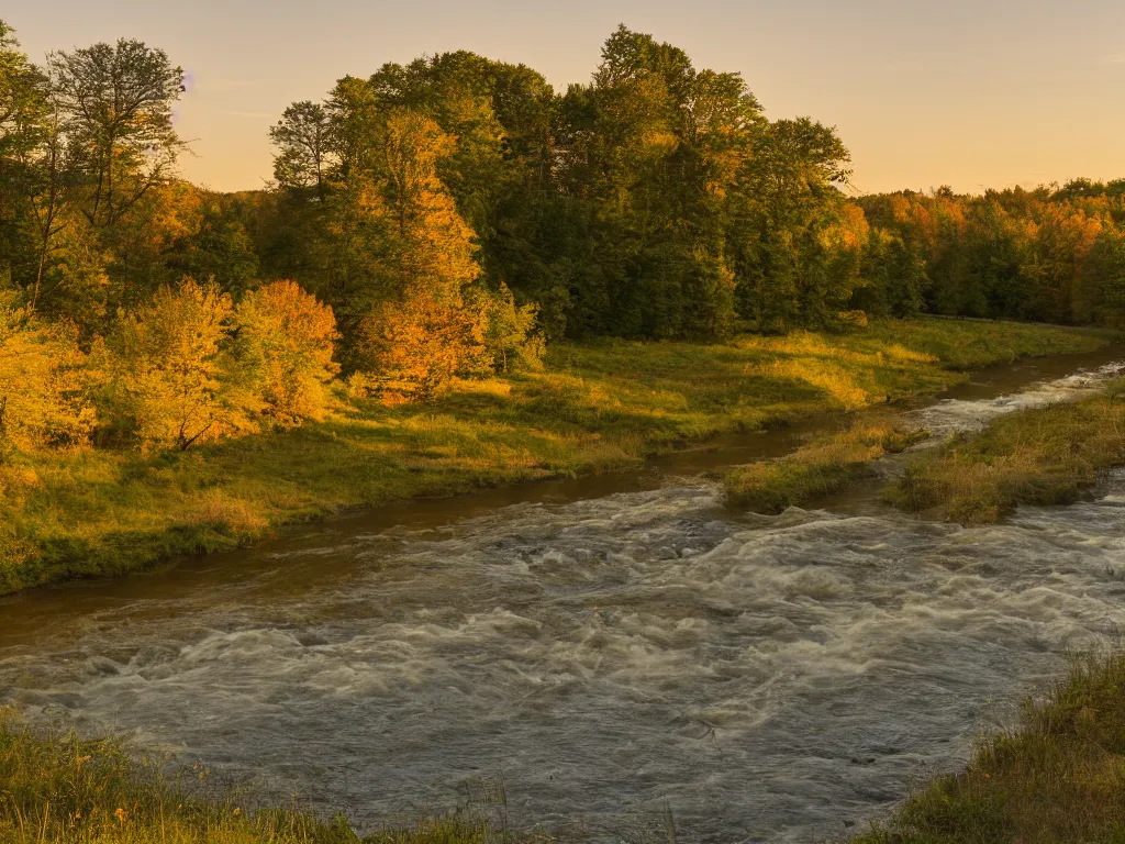 Image similar to photograph of a field by a dam and a river, new england, color, golden hour