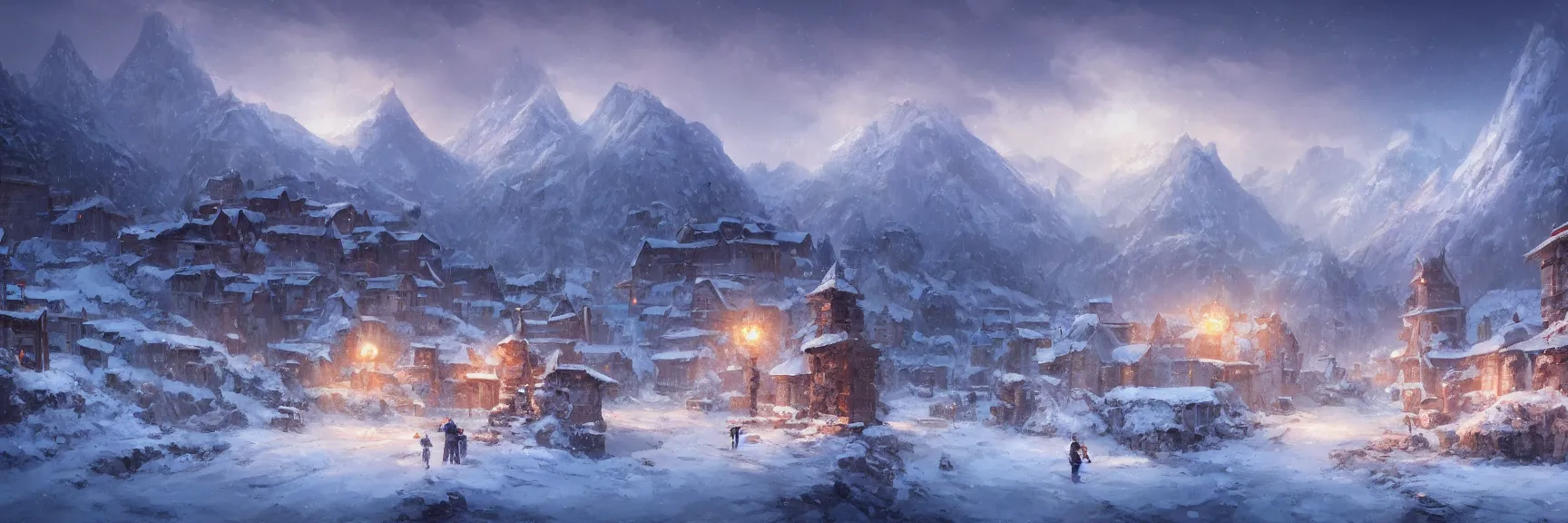 Prompt: snowy northern frontier town with palisade walls, tall pine forest, mountains in background, cotton clouds hovering around mountain peaks, street view, snowfall, early morning, fantasy art, Jordan Grimmer, Noah Bradley