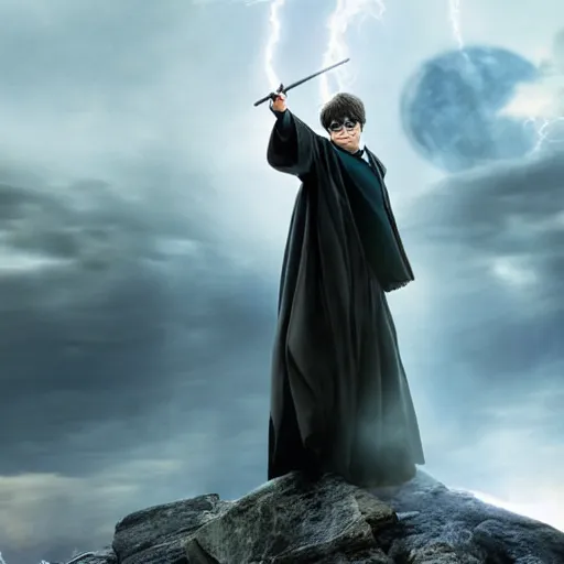 Image similar to Harry potter standing and holding a short wand, magic aura, side view, thunderclouds, cinematic shot, wide shot, epic scale, waving robe movement, photorealistic detail and quality, intricate cobblestone, floating rocks, particle effects, movie still, nighttime, crescent moon, sharp and clear, action shot, intense scene, visually coherent, symmetry, rule of thirds, movement, photorealistic colors, cool colors transitioning to warm colors, modest tone, award winning, directed by Steven Spielberg, Christopher Nolan, Tooth Wu, Asher Duran, artstation