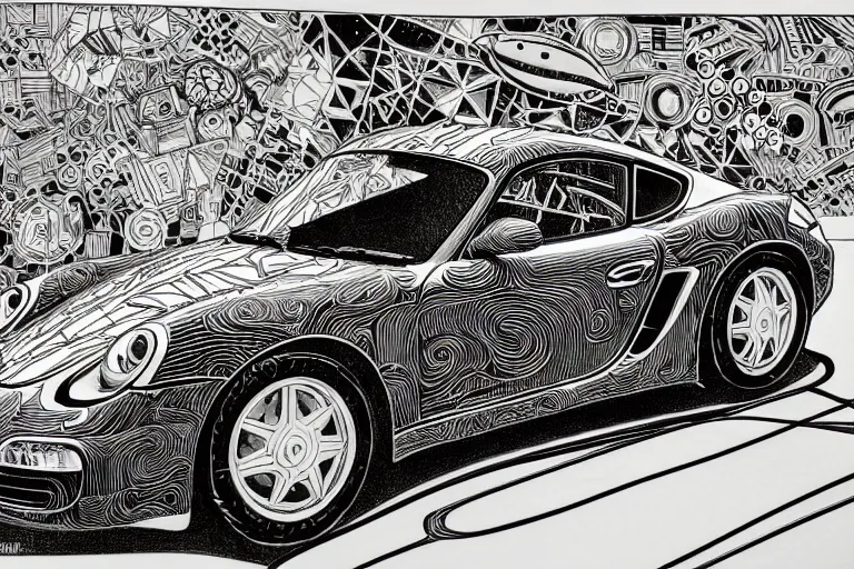 Prompt: a black and white drawing of a porsche cayman, a detailed mixed media collage by hiroki tsukuda and eduardo paolozzi and moebius, intricate linework, sketchbook psychedelic doodle comic drawing, geometric, street art, polycount, deconstructivism, matte drawing, academic art, constructivism