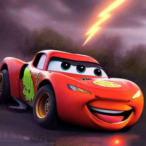 Image similar to lightning mcqueen crash in heavily by greg rutkowski