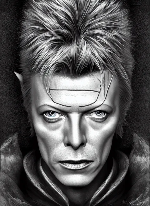 Prompt: masterpiece portrait david bowie, dark souls style, warrior, gael knight, ashen warrior, detailed portrait, fantasy character portrait, top lighting, hyper detailed, digital painting, 8 k realistic, hyper detailed, realistic shaded, perfect face, artstation,