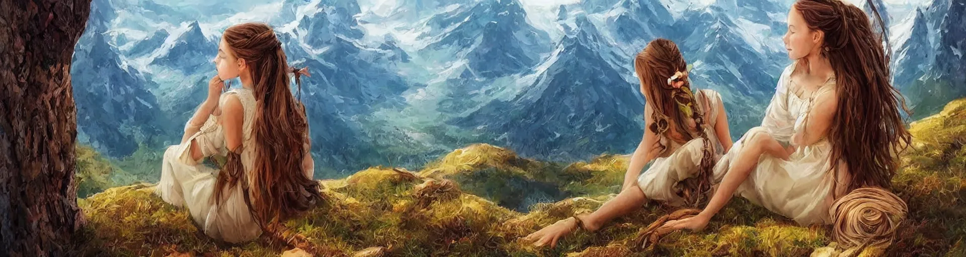 Prompt: a beautiful girl sits in the mountains and braid her hair - fantasy art