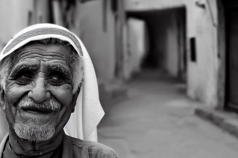 Image similar to still photo of an arab old man smiling at the camera on the street, black and white color aesthetic, highly detailed, photorealistic portrait, bright studio setting, studio lighting, crisp quality and light reflections, unreal engine 5 quality render