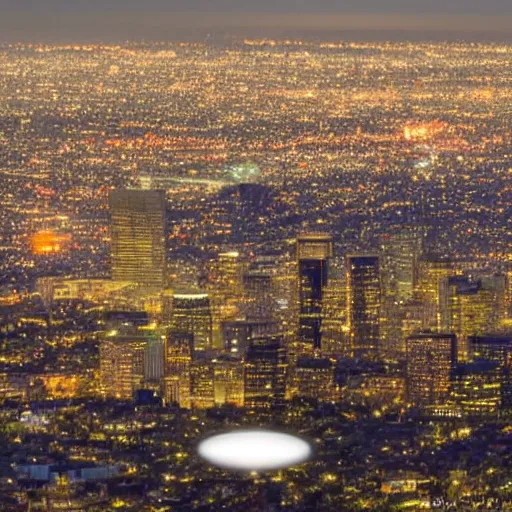 Image similar to actual photograph of UFO hovering over LA, award winning, golden hour,