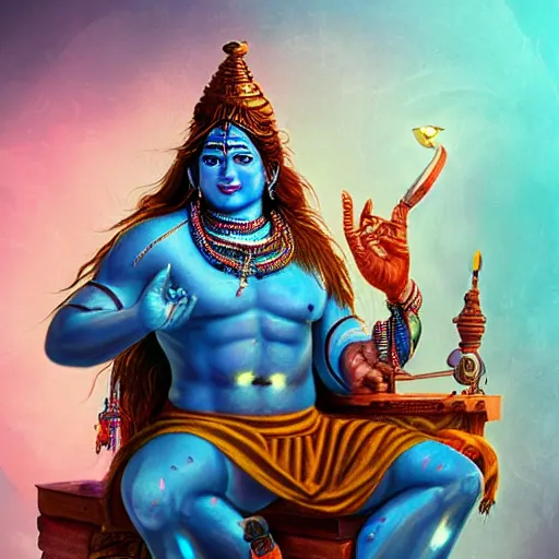 Prompt: blue bodied lord shiva, on his workbench, engineering a human - elephant hybrid to life, vivid and colorful, cinematic, highly detailed, artstation