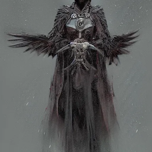 Image similar to self portrait of a raven NPC quest giver. Full body with cloak and body armor, digital art, realistic, ultradetailed, concept art in the style of r/retrofuturism, art by Beksinski and Dariusz Zawadski, trending on artstation, devianart, cgsociety