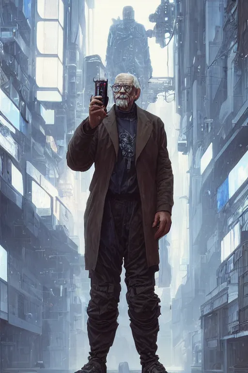 Image similar to cyberpunk old man, cyber arms augments, cyborg, movie poster, normal hands, normal legs, cinematic lighting, intricate, rugged, highly detailed, digital painting, artstation, smooth, sharp focus, illustration, art by artgerm and greg rutkowski and alphonse mucha and Wayne Barlowe and william-adolphe bouguereau