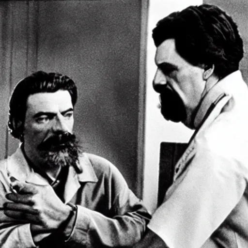 Prompt: scene from er showing dr jesus christ performing life saving surgery on joseph stalin