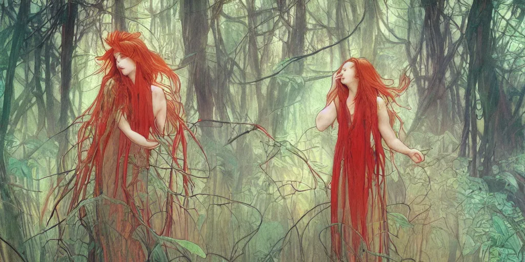 Prompt: a beautiful illustration of a red head female in a forest, autumn, cinematic composition, mist, style of yoshitaka amano and alfons mucha