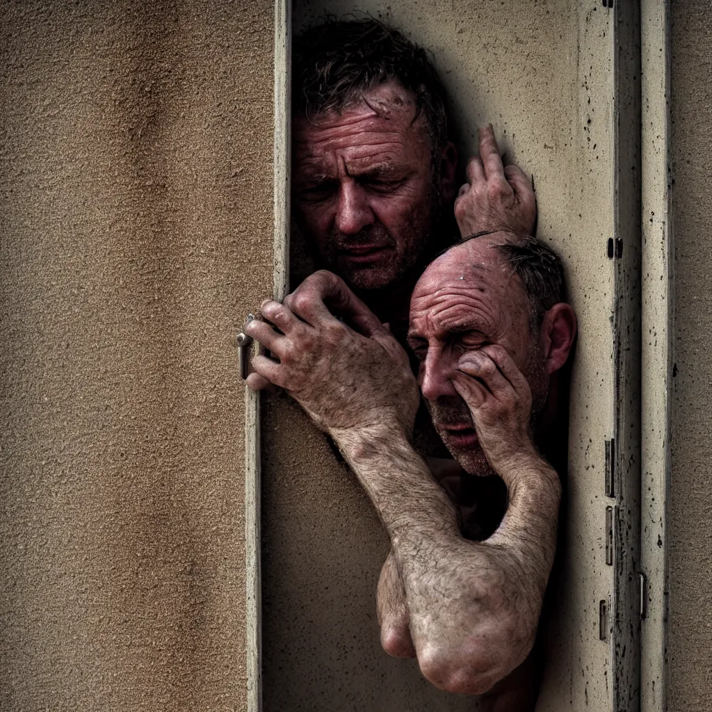 Prompt: close - up of a man is huddled in the corner of a sandy room, a heavy metal door and rusty pipes, sand and smoke are falling, blurred, faded, depth of field, sunny, ultra realistic, very detailed, by nadav kander, 8 k hyper realistic detailed cinematic still