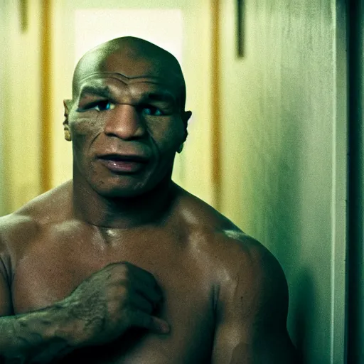 Prompt: a cinematic film still of Mike Tyson starring in The Shining, portrait, 40mm lens, shallow depth of field, close up, split lighting, cinematic