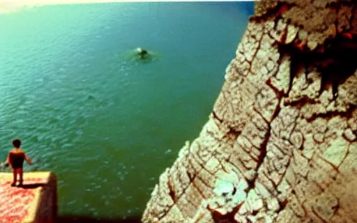 Prompt: a cliff jumping into waters that are a portal to a different dimension, film still by Wes Anderson