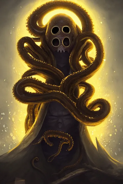 Prompt: A full body portrait of a mysterious character with no face with a very long hooded yellow cloak, a golden crown floating above his head, tentacles coming out the ground art by Jason Chan, ominous, cosmic horror, trending on artstation, Ultra detailed, hyper realistic 4k