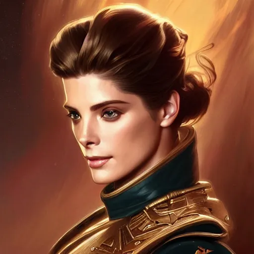 Image similar to Ashley Greene's and Grace Kelly's faces combined as a Space Marine, western, D&D, fantasy, intricate, elegant, highly detailed, digital painting, artstation, concept art, matte, sharp focus, illustration, art by Artgerm and Greg Rutkowski and Alphonse Mucha