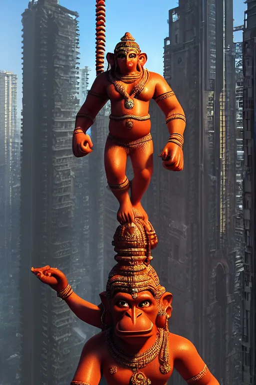 Prompt: high quality 3 d cyberpunk biomorphic hanuman! monument & buildings in mumbai!!, highly detailed, cinematic smooth, berenice abbott & john j. park, soft morning light, wide shot, high angle, uhd 8 k, sharp focus