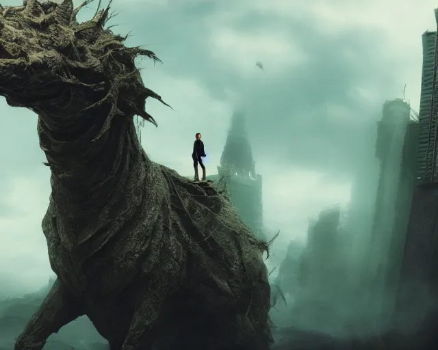 Prompt: wandering city on the back of a massive fantastical creature, cinematography