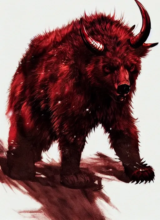 Image similar to A horned bear shadow spirit with red fur and sharp claws. In style of Yoji Shinkawa and Hyung-tae Kim, trending on ArtStation, dark fantasy, great composition, concept art, highly detailed.