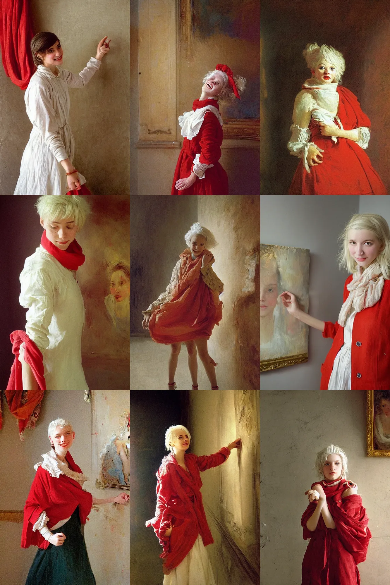 Prompt: a teen curator with light white hair and red scarf, cheerful, modern fashion dress from the year 1 9 9 9, is ( ( looking at portraits on a wall ) ). light dust, magnificent, hyperdetailed, theatrical, painted by jean honore fragonard