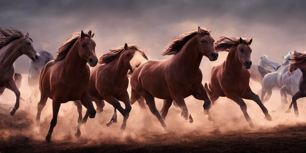 Image similar to a product picture of hundreds of horses running, photographic filter, unreal engine 5, realistic, hyperdetailed, 8 k, cinematic, volumetric lighting, very realistic effect, hd, hdr, 4 k, sharp focus, octane render, ultra detailed, high resolution, trending on artstation in the style of albert dros glowing rich colors powerful imagery