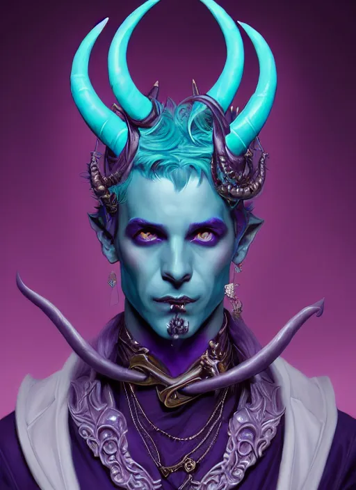 Prompt: symmetry!! portrait of a feminine mischievous trickster male purple and teal skinned tiefling with demon horns and piercings bard, intricate, elegant, highly detailed, digital painting, artstation, concept art, smooth, sharp focus, illustration, art by artgerm and greg rutkowski and alphonse mucha