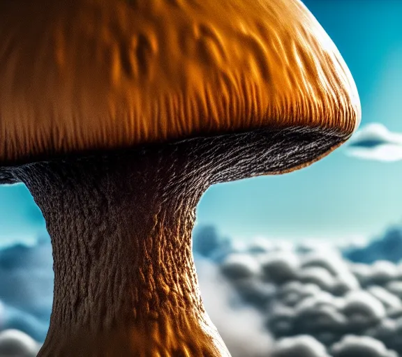 Prompt: a giant mushroom that has a city built from it and stretches above the clouds. highly detailed 8 k. intricate. lifelike. soft light. nikon d 8 5 0. cinematic post - processing